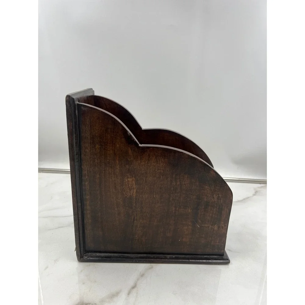 World Market Carved Mango Wood Magazine Holder Dark Brown Floral Office Storage